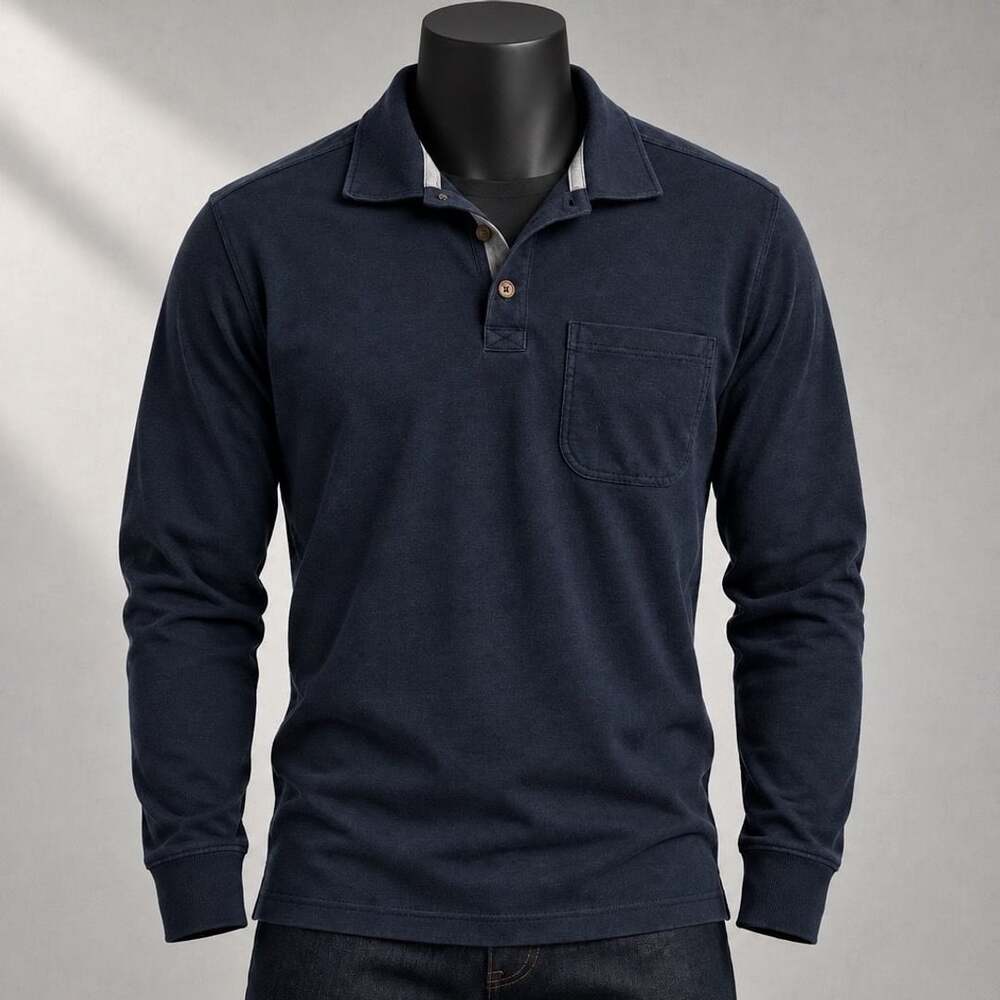 Duluth Trading Co. Long Sleeve Polo Size L Navy Blue Pocket No Polo